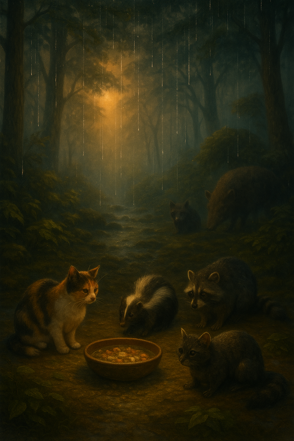 Lantern-lit porch with animals gathered in the rain